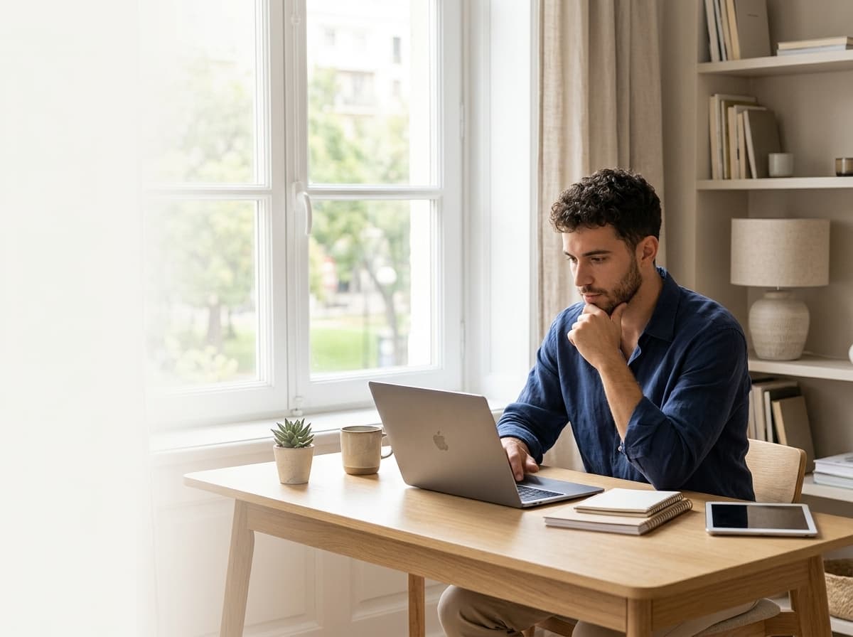 Alguien trabajando concentrado en su portátil desde un escritorio de casa